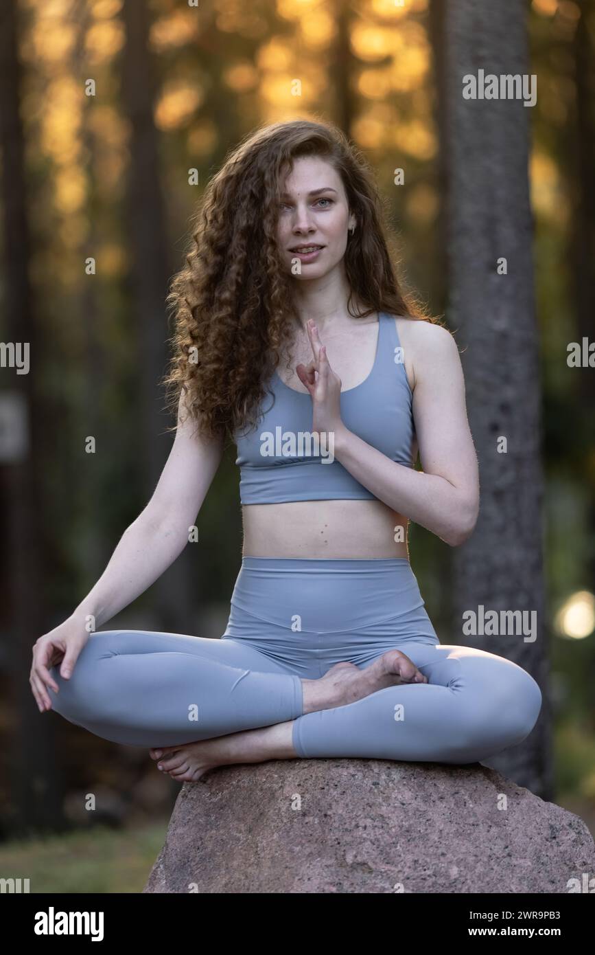 Beautiful girl meditating, yoga meditation practice in nature Stock ...