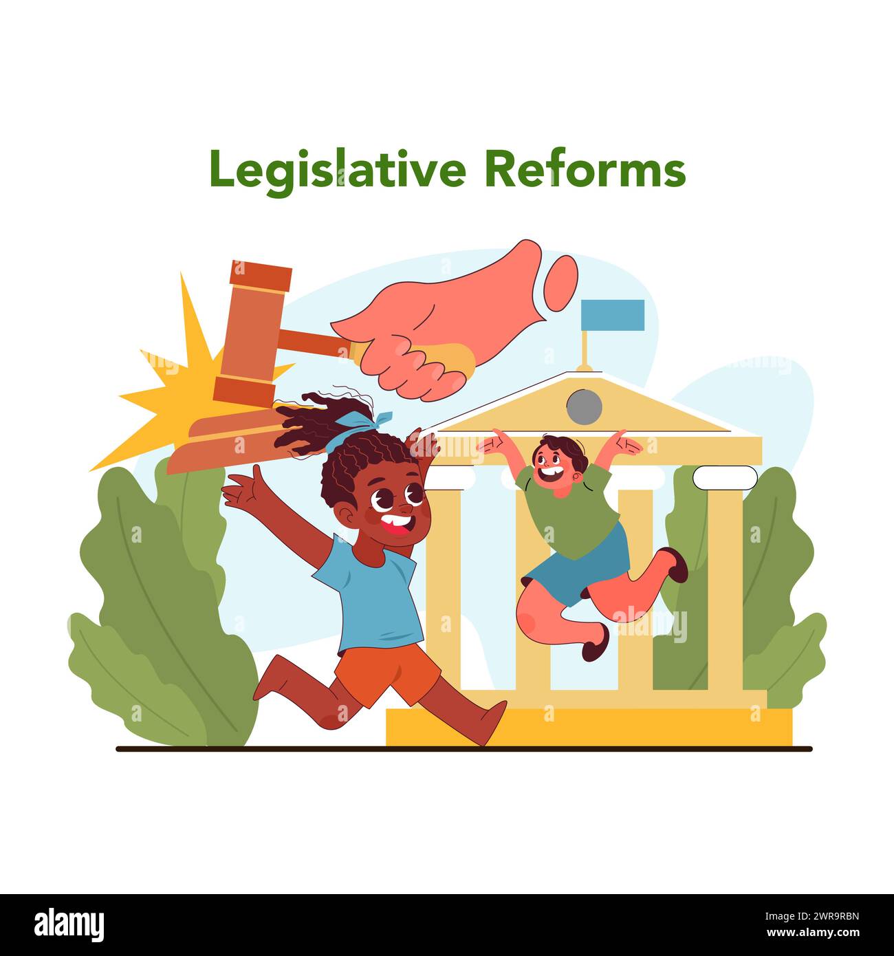 Legislative reforms for child labor. Legislative action empowering children rights and freeing them from labor. Strong call to action towards equality in modern society. Flat vector illustration Stock Vector