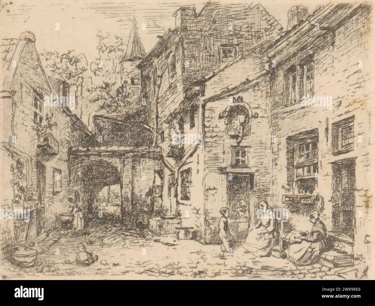 Alley with women and children working as artisans, print maker: Henri de Braekeleer, (attributed to), 1850 - 1870, paper, counterproof, etching, height 83 mm × width 115 mm, print Stock Photo