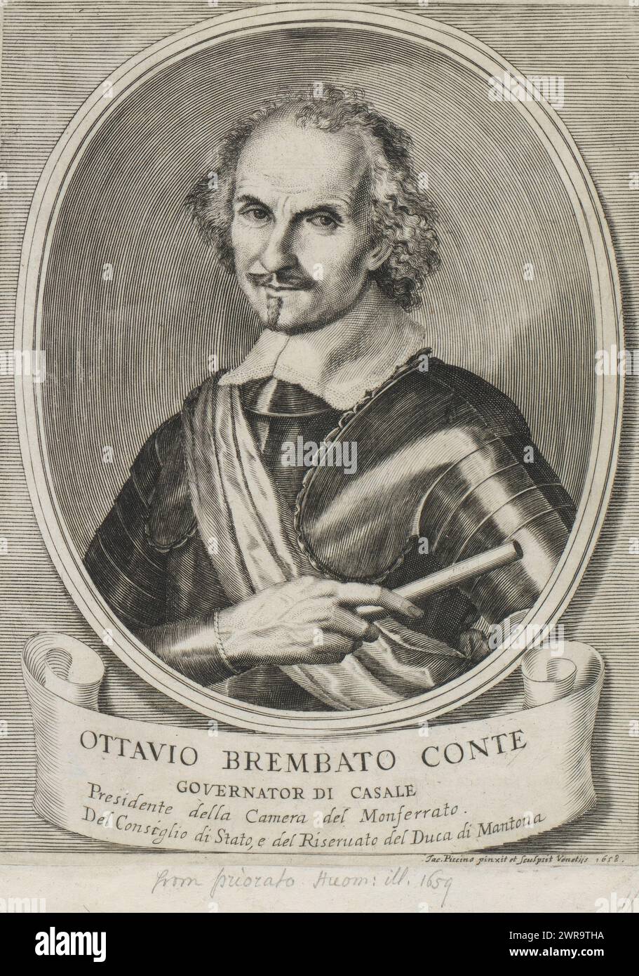 Portrait of biologist Ottavio Brembato, print maker: Giacomo Piccini, after painting by: Giacomo Piccini, publisher: Andrea Giuliani, Venice, 1658 and/or 1659, paper, engraving, height 200 mm × width 152 mm, print Stock Photo