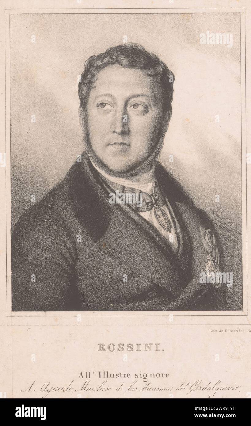 Portrait of Gioachino Rossini, Rossini (title on object), print maker: Louis Dupré, printer: Joseph Rose Lemercier, Paris, 1836, paper, height 178 mm × width 121 mm, print Stock Photo