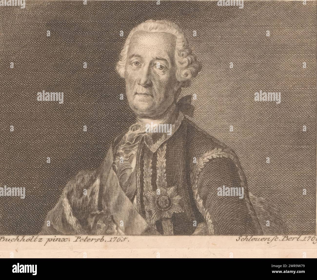 Portrait of an unknown man, print maker: Schleuen, after painting by: Buchholtz, print maker: Berlin, after painting by: St. Petersburg, 1769, paper, engraving, height 68 mm × width 100 mm, print Stock Photo