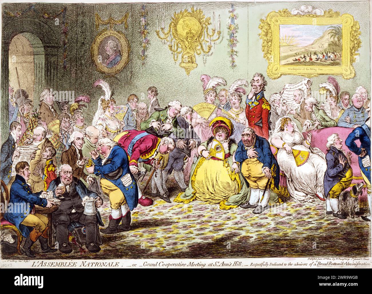 L'Assemblée Nationale ; —or —Grand Co-operative Meeting at St. Ann's Hill.— Respectfully Dedicated to the admirers of 'A Broad-Bottom'd Administration'.  James Gillray. 18 June 1804. Stock Photo