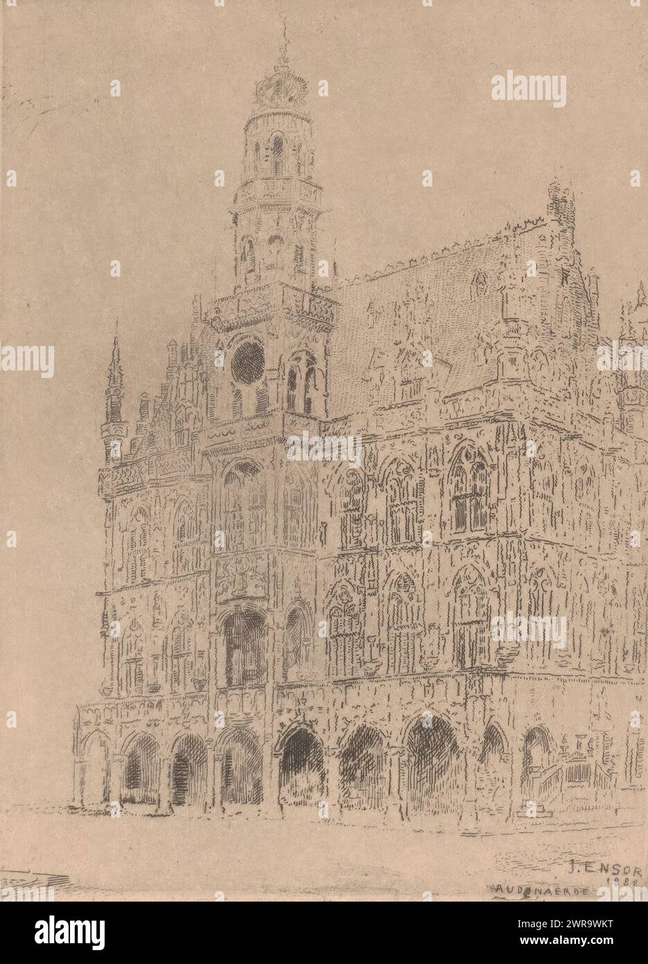 Oudenaarde Town Hall, Hotel de ville d'Audenaerde, print maker: James Ensor, 1888, paper, etching, height 160 mm × width 117 mm, print Stock Photo
