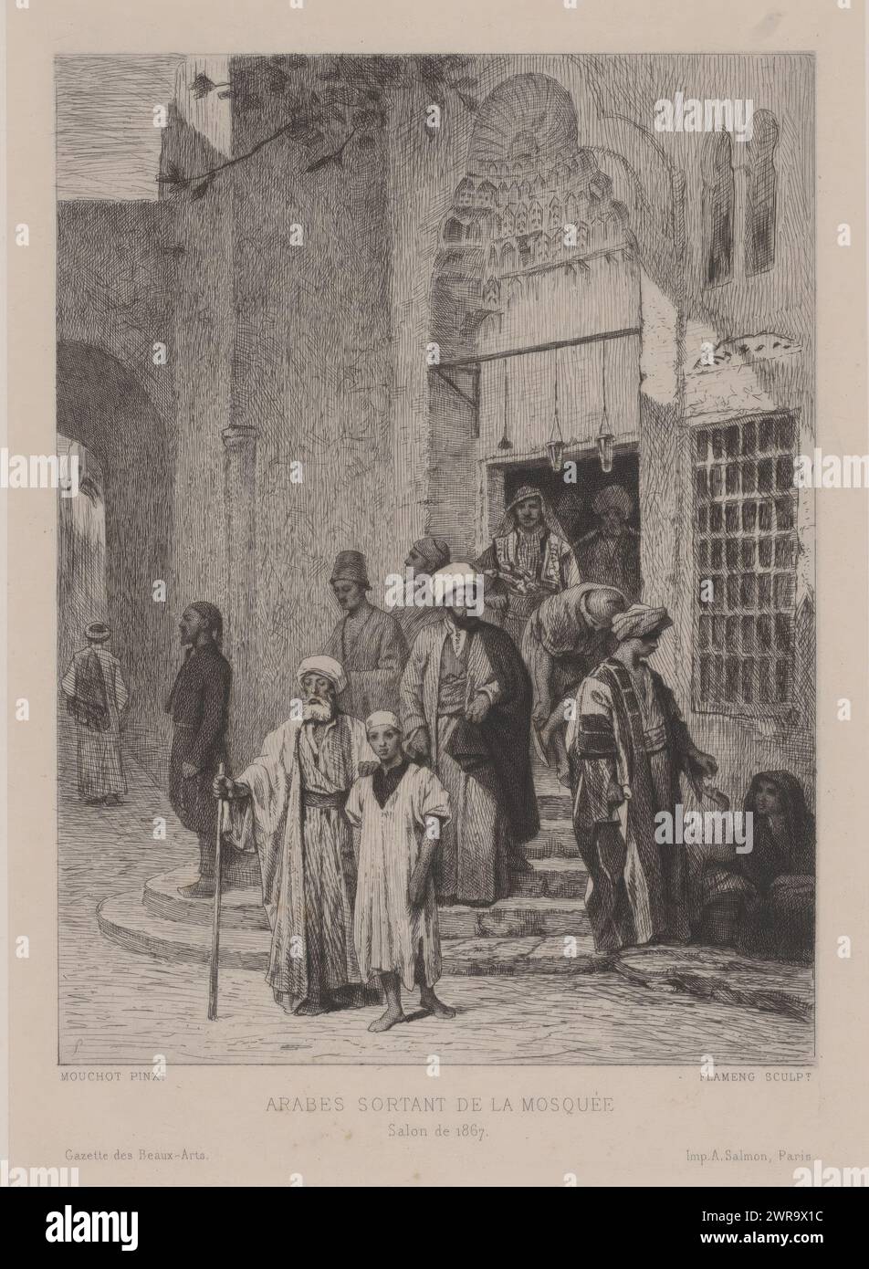 Muslims leaving the mosque, Arabes sortant de la mosquée (title on object), print maker: Léopold Flameng, after painting by: Mouchot, printer: Alfred Salmon, Paris, 1867, paper, etching, height 228 mm × width 171 mm, print Stock Photo