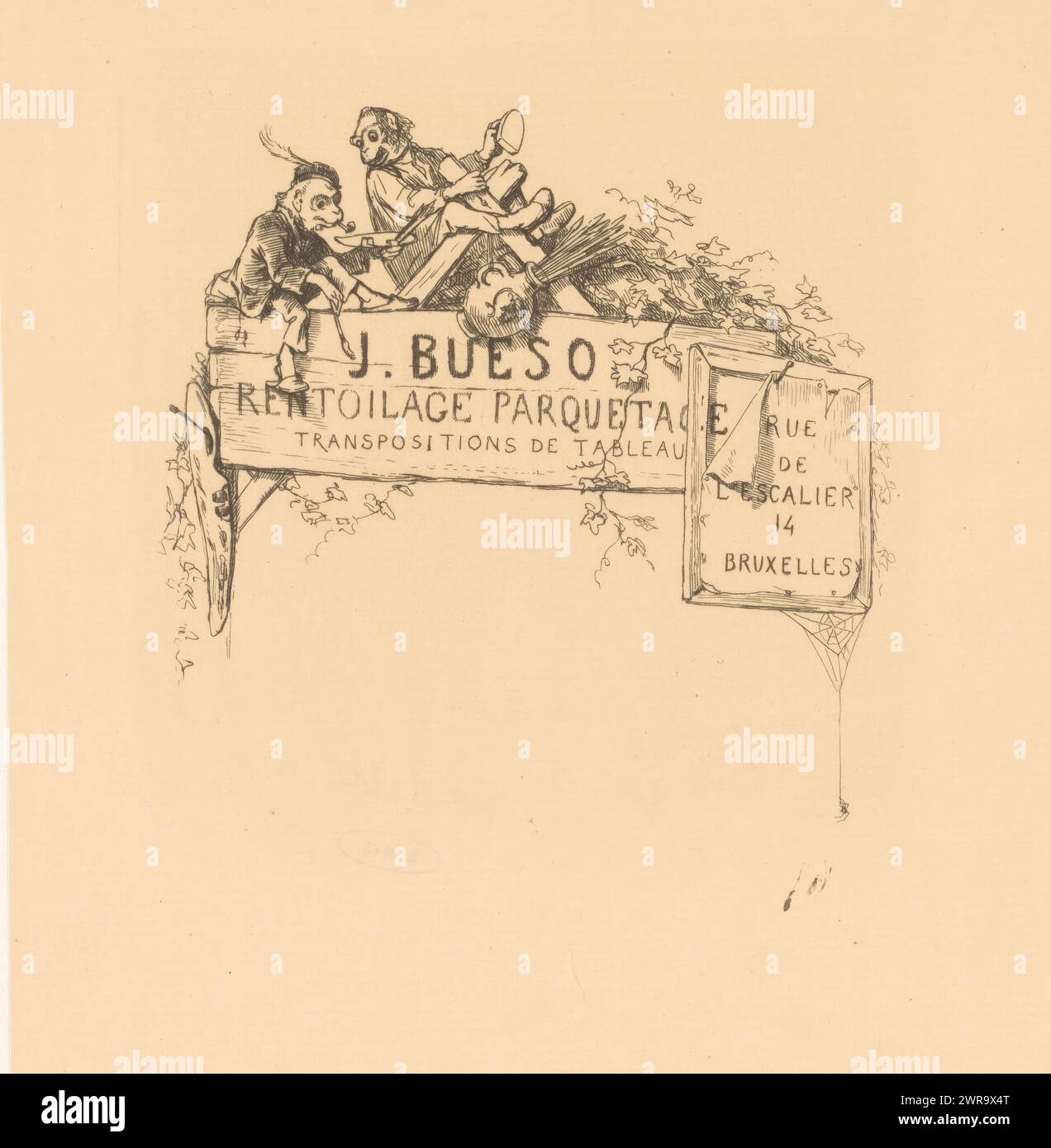 Business card for painting restorer J. Bueso, print maker: Léopold Flameng, 1841 - 1910, paper, etching, height 277 mm × width 197 mm, print Stock Photo
