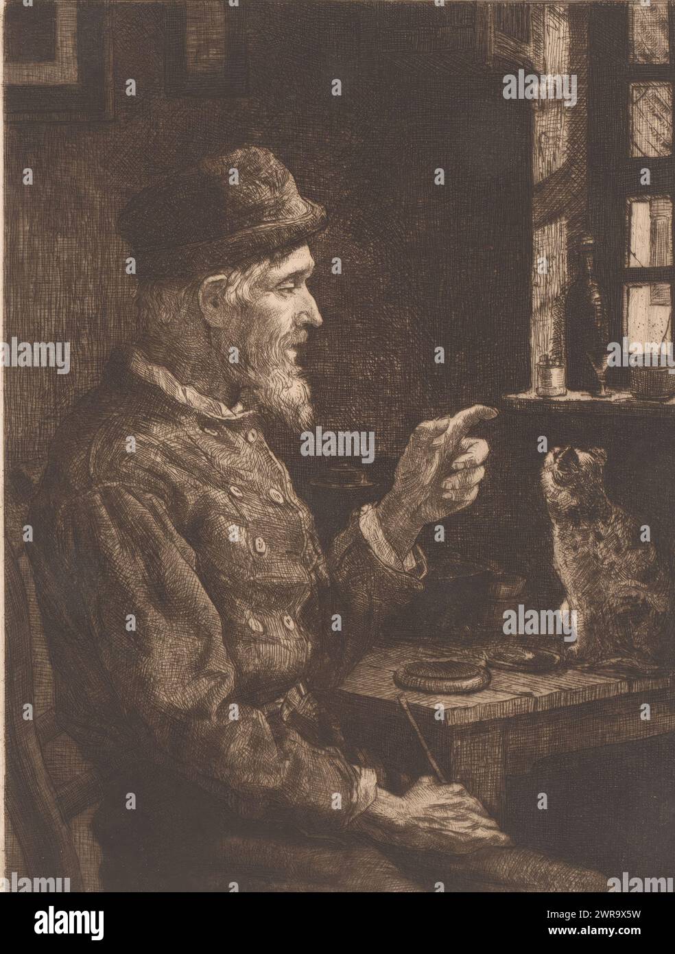 Seated man points to a cat on the table, print maker: César Geerinck, 1887, paper, etching, height 209 mm × width 160 mm, print Stock Photo