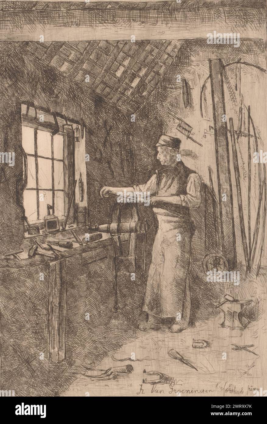 Blacksmith in his workshop, print maker: Fr. van Groeningen, (signed by artist), after own design by: Fr. van Groeningen, 1850 - 1910, paper, etching, height 231 mm × width 160 mm, print Stock Photo