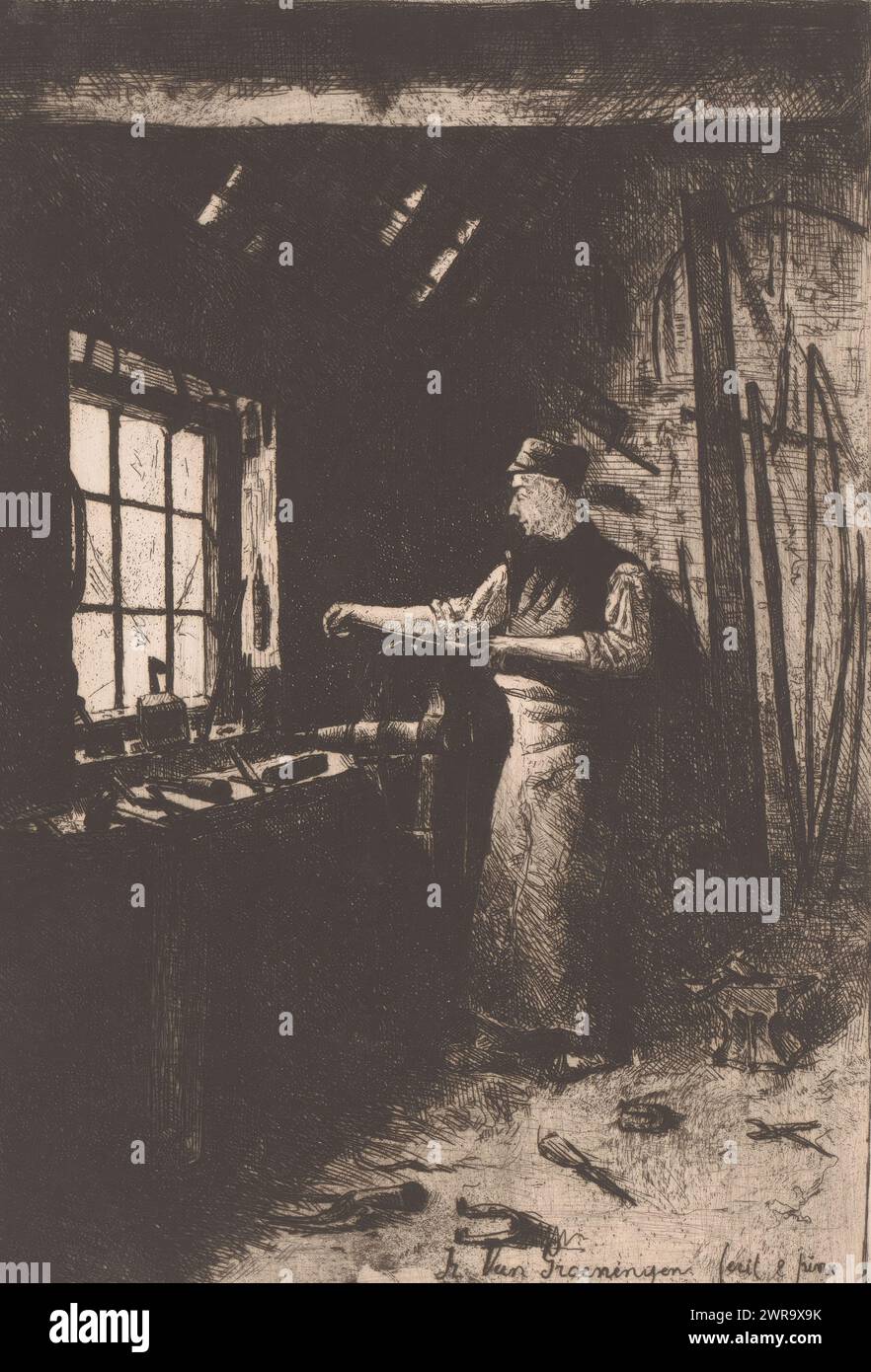 Blacksmith in his workshop, print maker: Fr. van Groeningen, (signed by artist), after own design by: Fr. van Groeningen, 1850 - 1910, paper, etching, drypoint, height 231 mm × width 160 mm, print Stock Photo