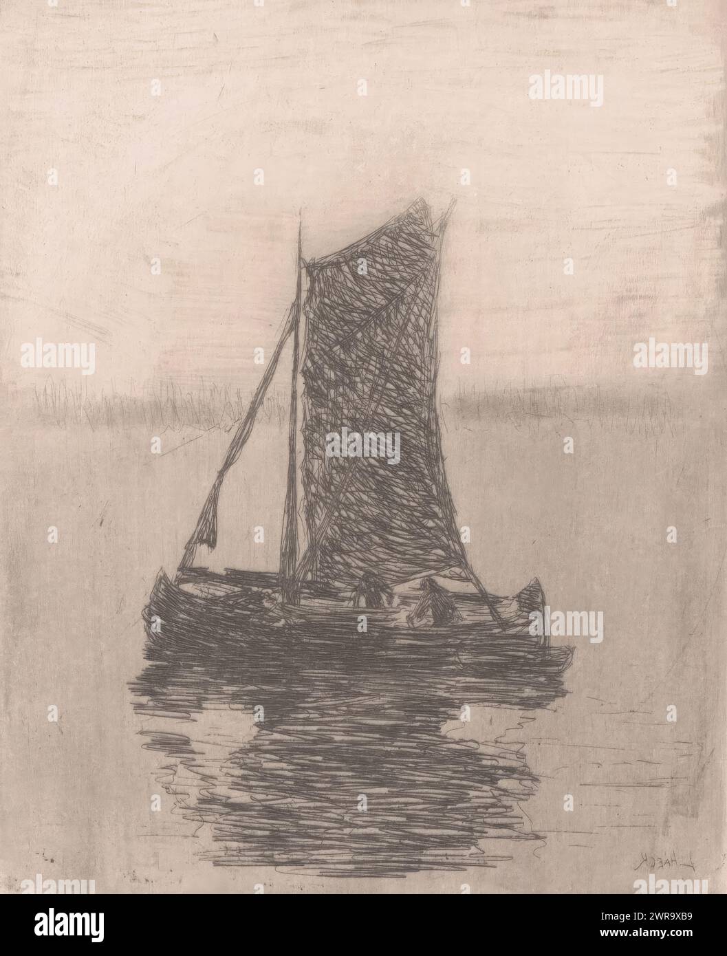 Sailboat with hoisted sail, print maker: Léopold Haeck, (signed by ...