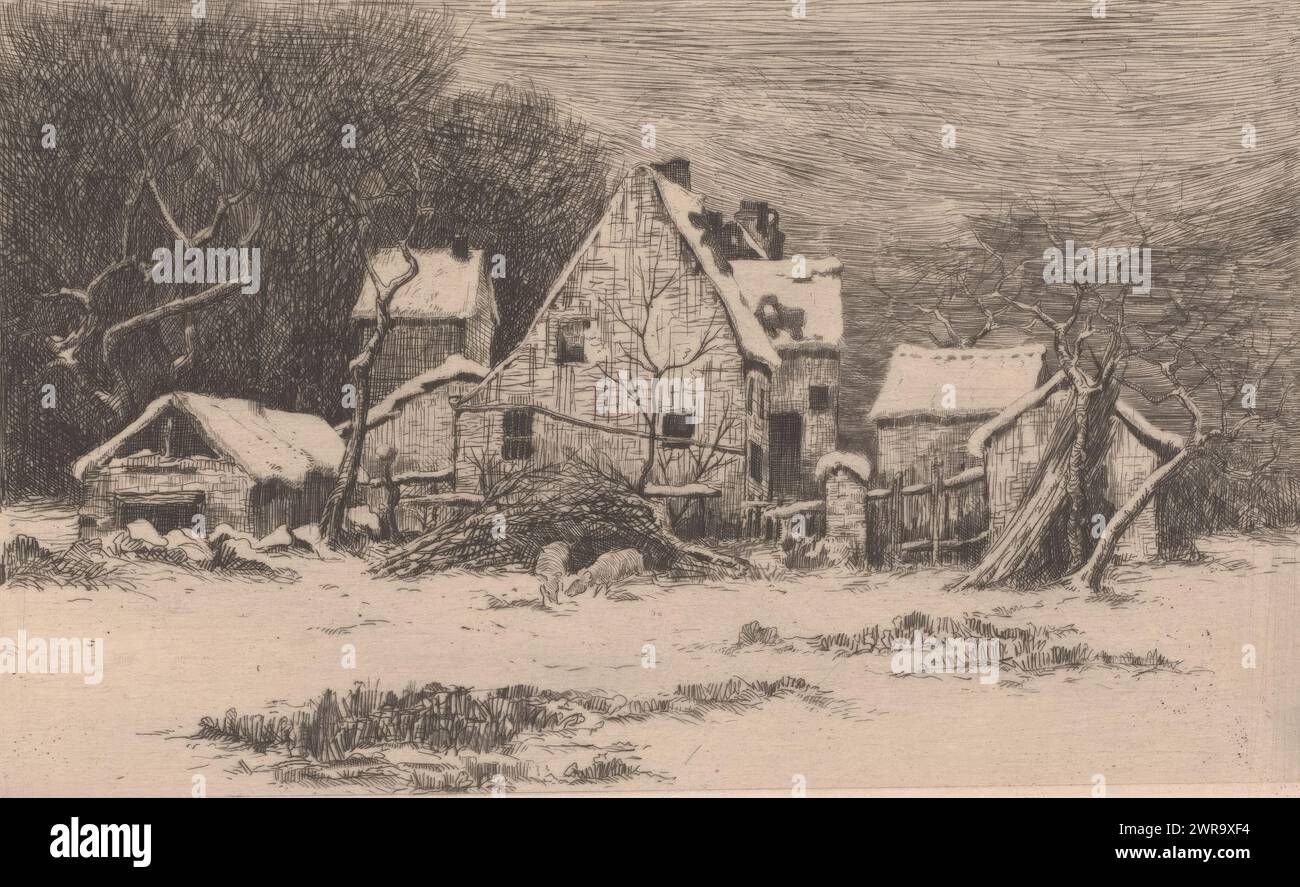 Winter view with farm with two pigs, print maker: Theodoor Hannon, 1861 - 1910, paper, etching, height 132 mm × width 197 mm, print Stock Photo