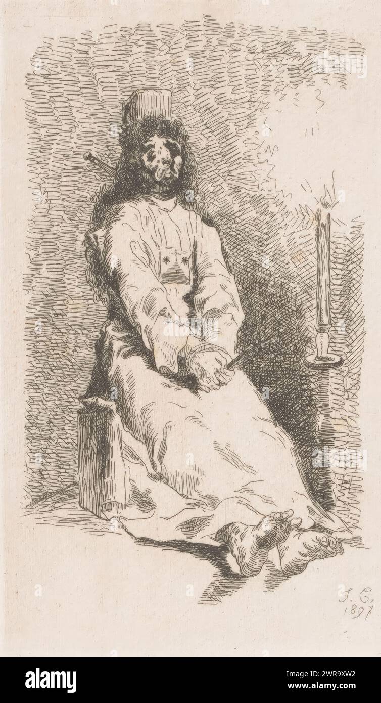 Prisoner on whipping post, print maker: Monogrammist JC (19e eeuw), 1897, paper, etching, height 156 mm × width 99 mm, print Stock Photo