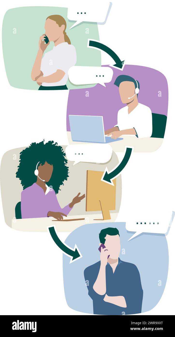 Communication between four people with each other through a telephone call. Vertical composition. Stock Vector