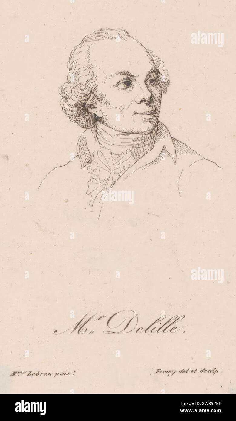 Portrait of Jacques Delille, Mr. Delille. (title on object), print maker: Jacques Noël Marie Frémy, after own design by: Jacques Noël Marie Frémy, after painting by: Madame Lebrun, France, 1815 - 1817, paper, etching, height 142 mm × width 92 mm, print Stock Photo