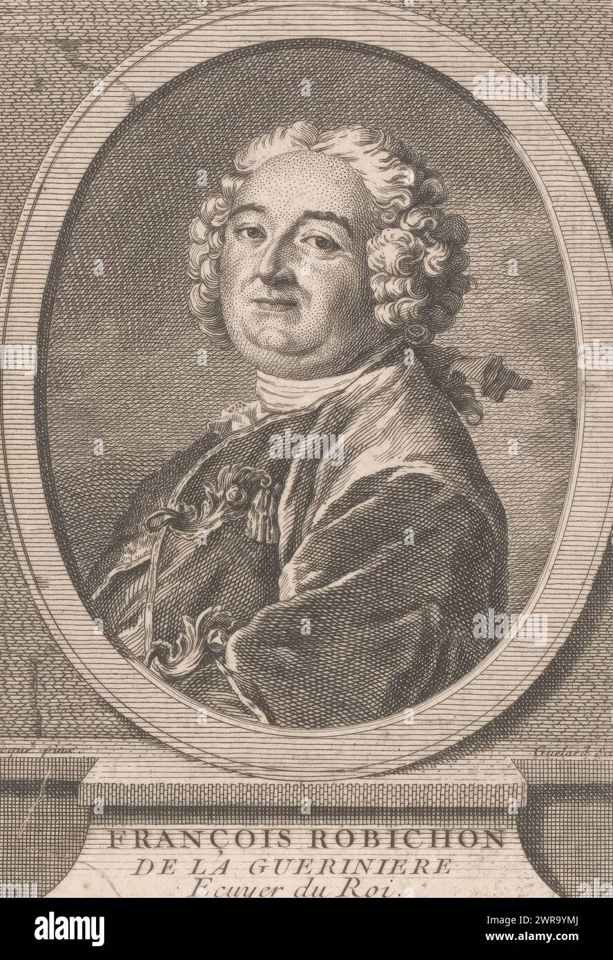 Portrait of François Robichon de la Guérinière, print maker: Jean Baptiste Guélard, after painting by: Louis Tocqué, Paris, 1733 - 1755, paper, etching, height 140 mm × width 98 mm, print Stock Photo