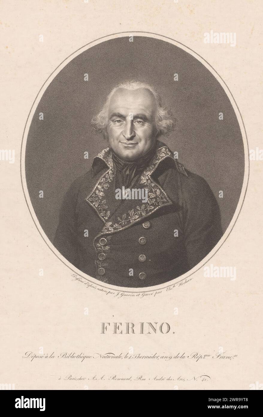 Portrait of Pierre Marie Barthélemy Ferino, Portraits of French Generals (series title), Portraits des Généraux de la République (series title), print maker: Elizabeth G. Herhan, after drawing by: Jean-Urbain Guérin, publisher: Antoine Augustin Renouard, Paris, 1798 - 1801, paper, engraving, height 327 mm × width 244 mm, print Stock Photo