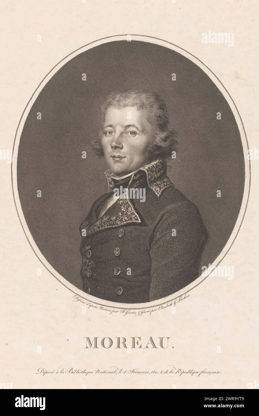 Portrait of Jean Victor Marie Moreau, Portraits of French Generals (series title), Portraits des Généraux de la République (series title), print maker: Elizabeth G. Herhan, after drawing by: Jean-Urbain Guérin, publisher: Antoine Augustin Renouard, Paris, 1798 - 1801, paper, engraving, height 327 mm × width 243 mm, print Stock Photo