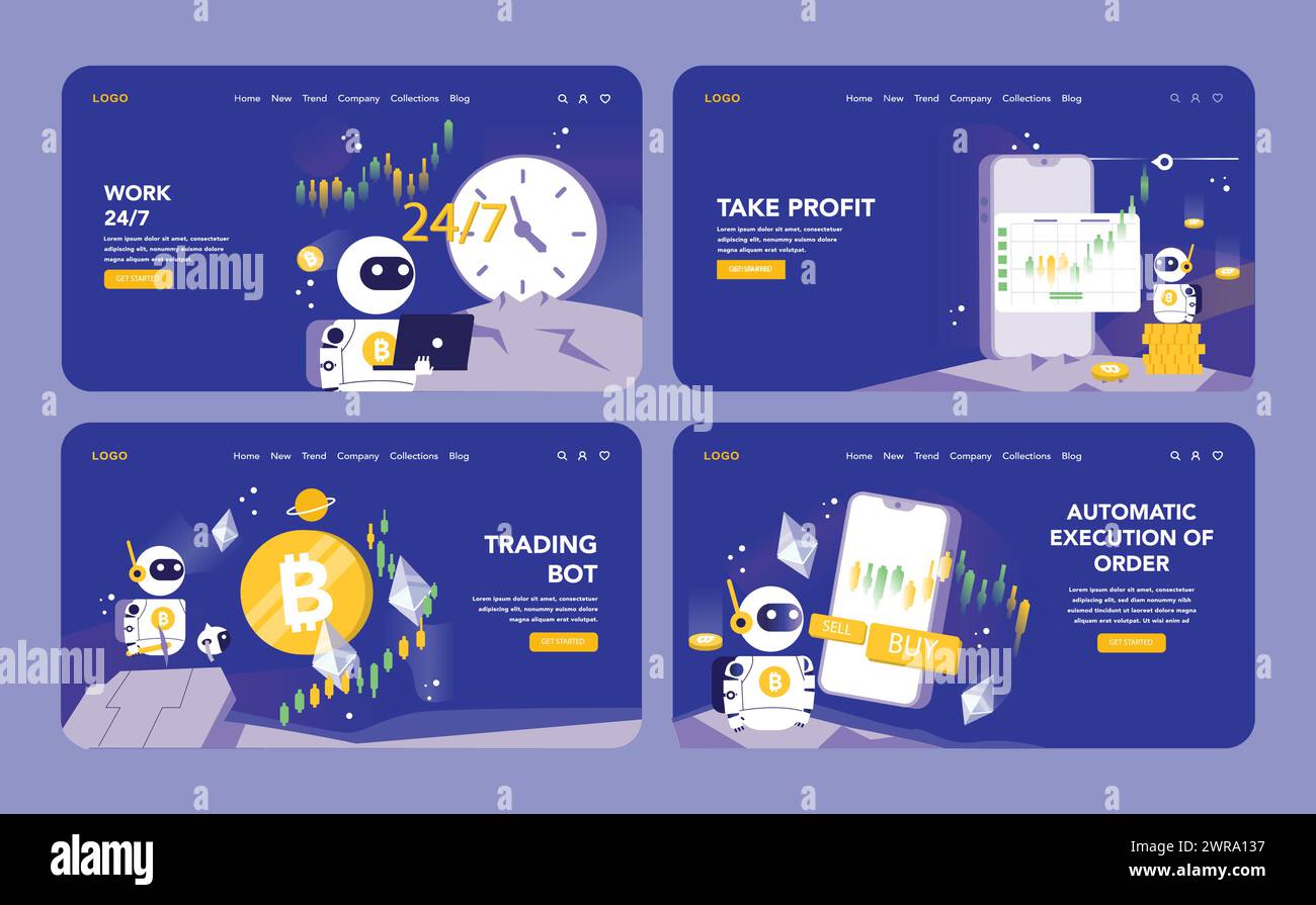 Trading and Crypto Bot night or dark mode web or landing page set. Featuring the continuous operation of bots, profit execution strategies, and automated order processing. Stock Vector