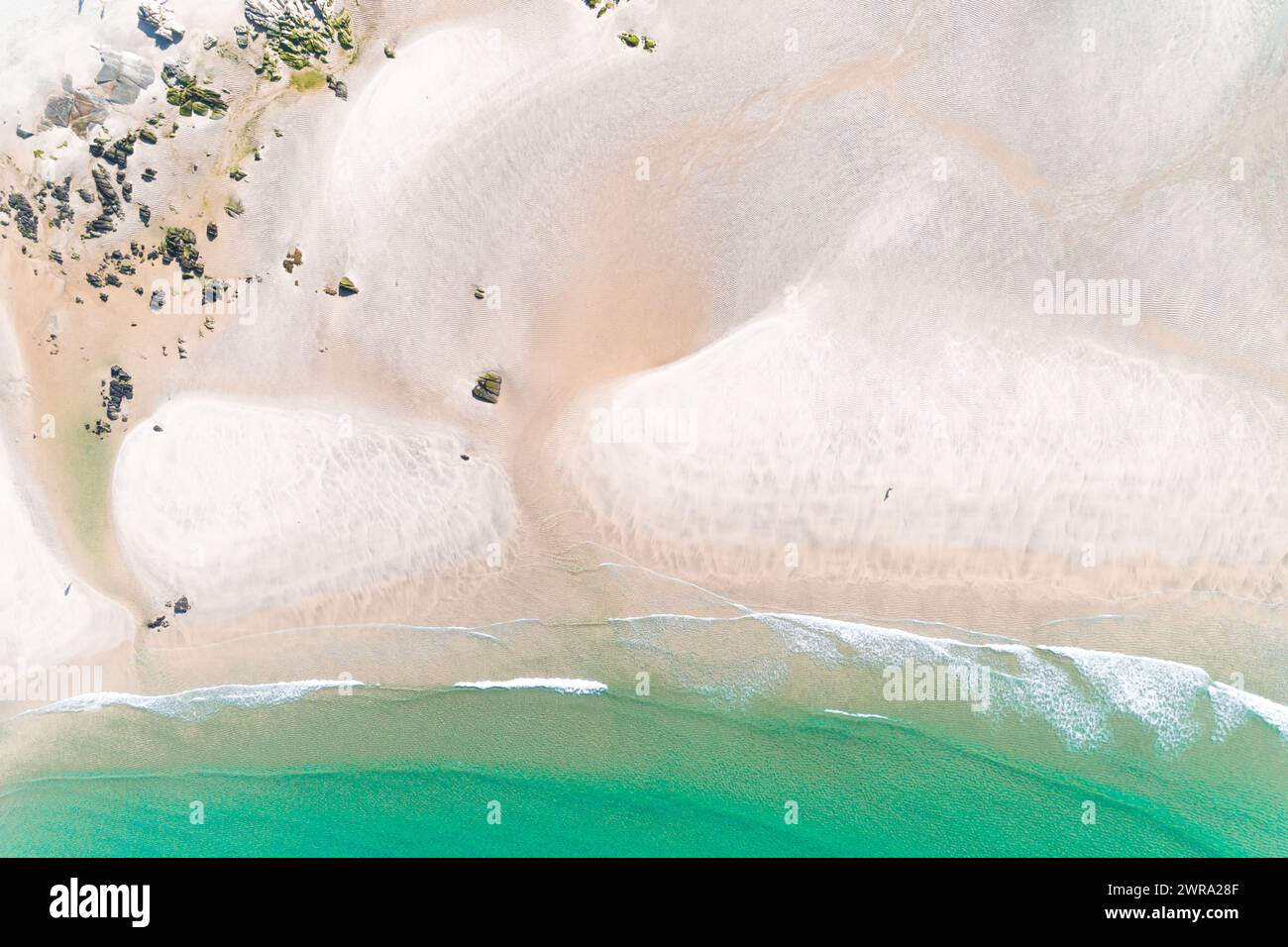 overhead aerial drone view of a beach shore at dawn Stock Photo
