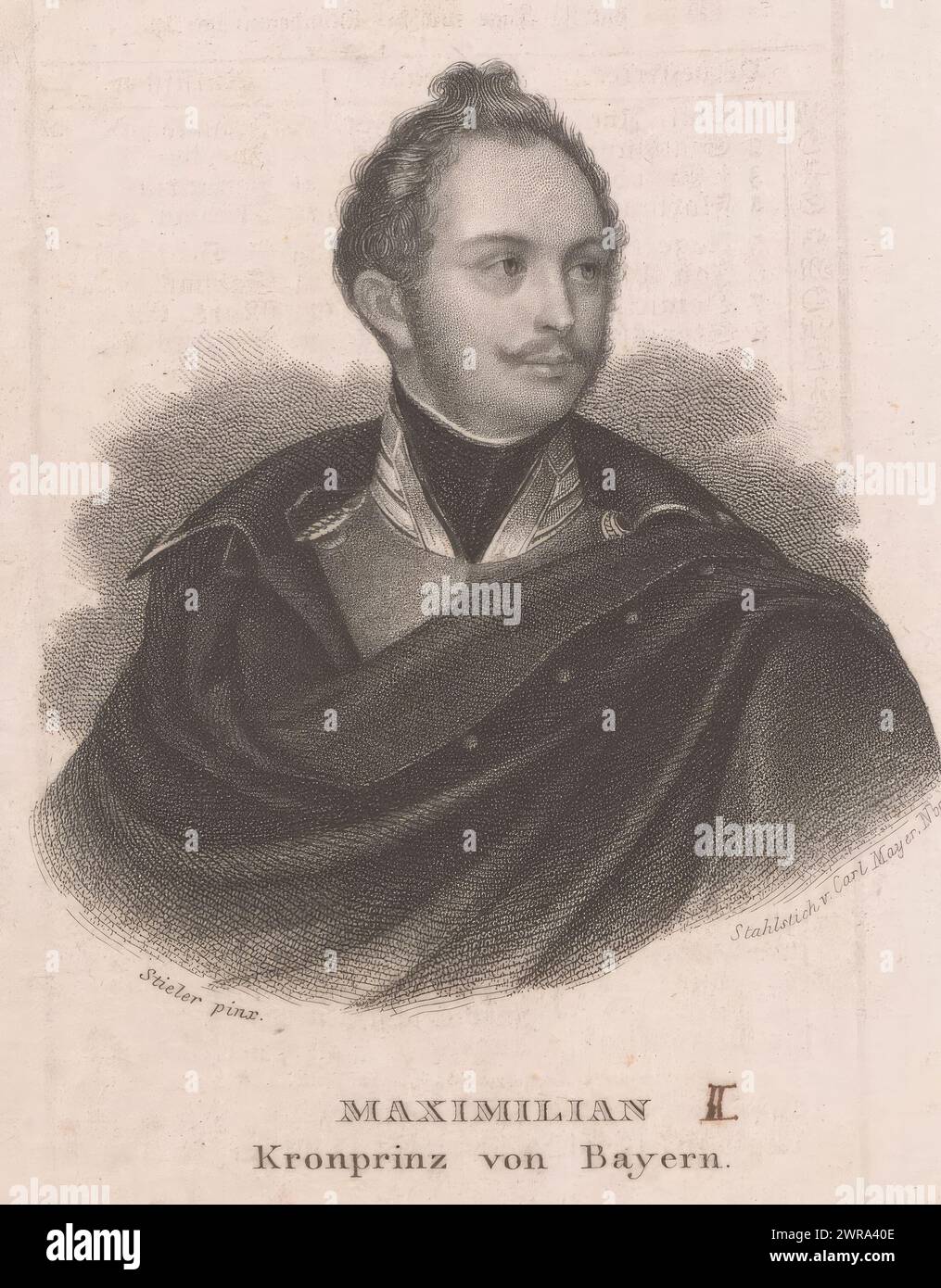 Portrait of Maximilian II of Bavaria as Crown Prince, print maker: Carl Mayer, after painting by: Joseph Karl Stieler, Neurenberg, c. 1830 - 1848, paper, steel engraving, height 104 mm × width 74 mm, print Stock Photo