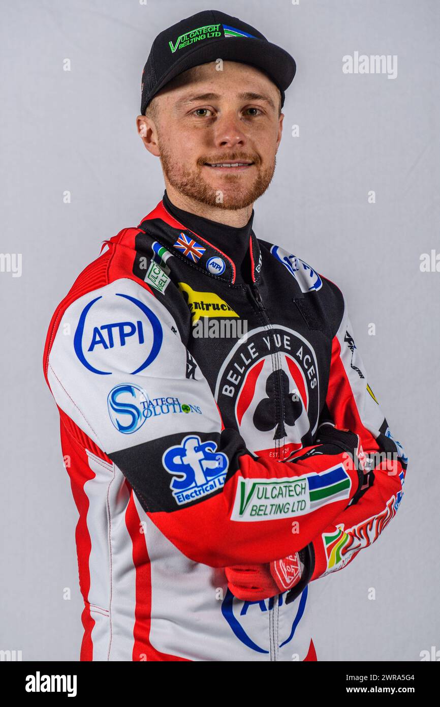 Belle Vue Aces' rider Connor Mountain during the Belle Vue Aces Media Day at the National Speedway Stadium, Manchester on Monday 11th March 2024. (Photo: Ian Charles | MI News) Stock Photo