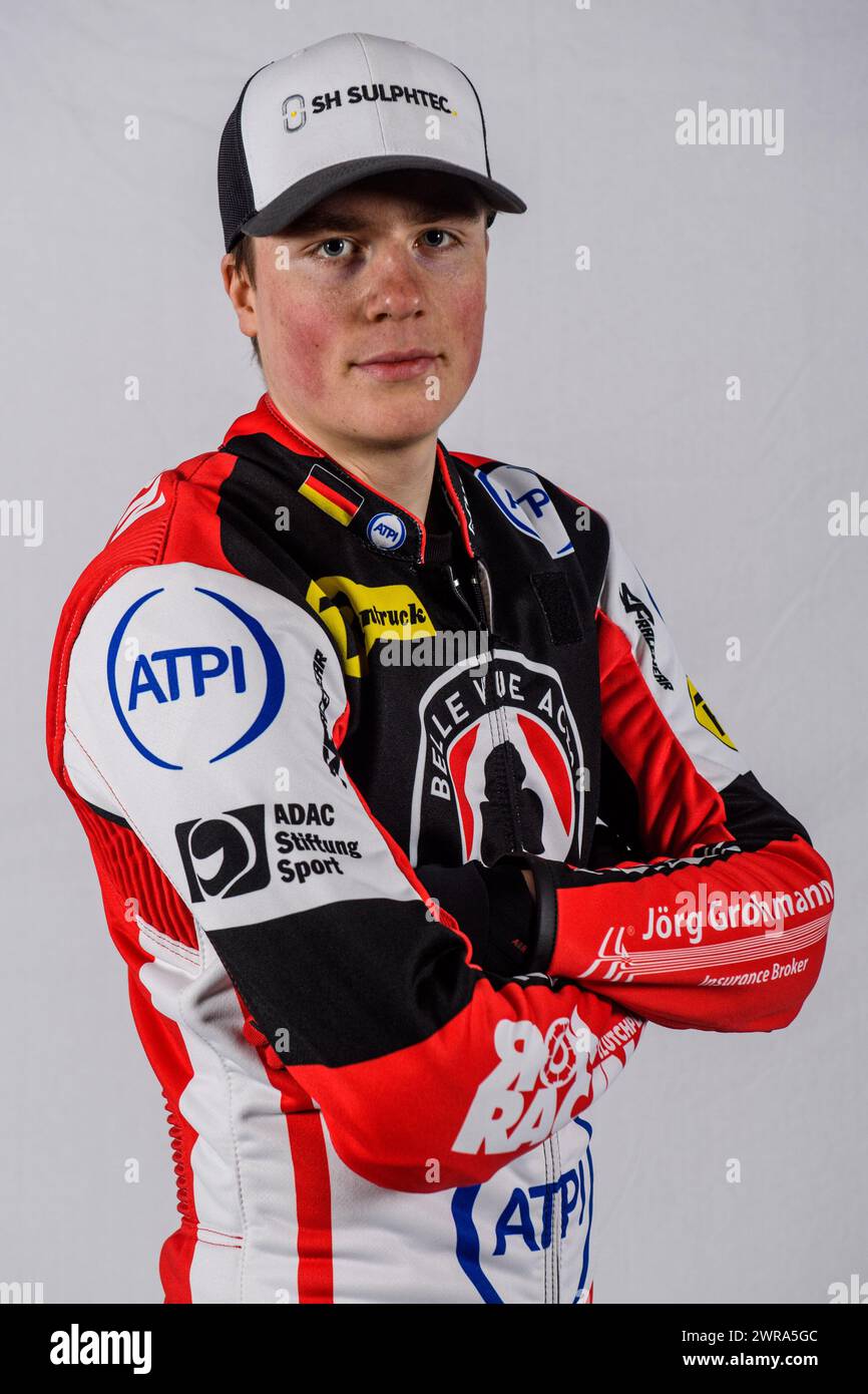 Belle Vue Aces' rider Norick Blödorn during the Belle Vue Aces Media Day at the National Speedway Stadium, Manchester on Monday 11th March 2024. (Photo: Ian Charles | MI News) Stock Photo