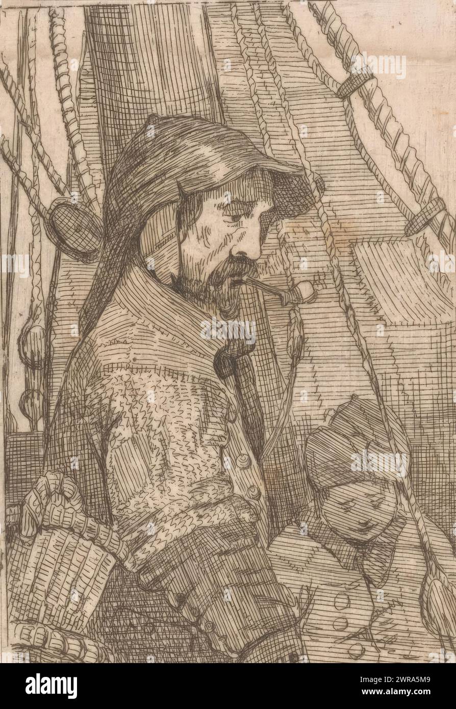 Fisherman and a boy on board a sailing ship, print maker: Egidius Linnig, 1831 - 1860, paper, etching, height 91 mm × width 60 mm, print Stock Photo