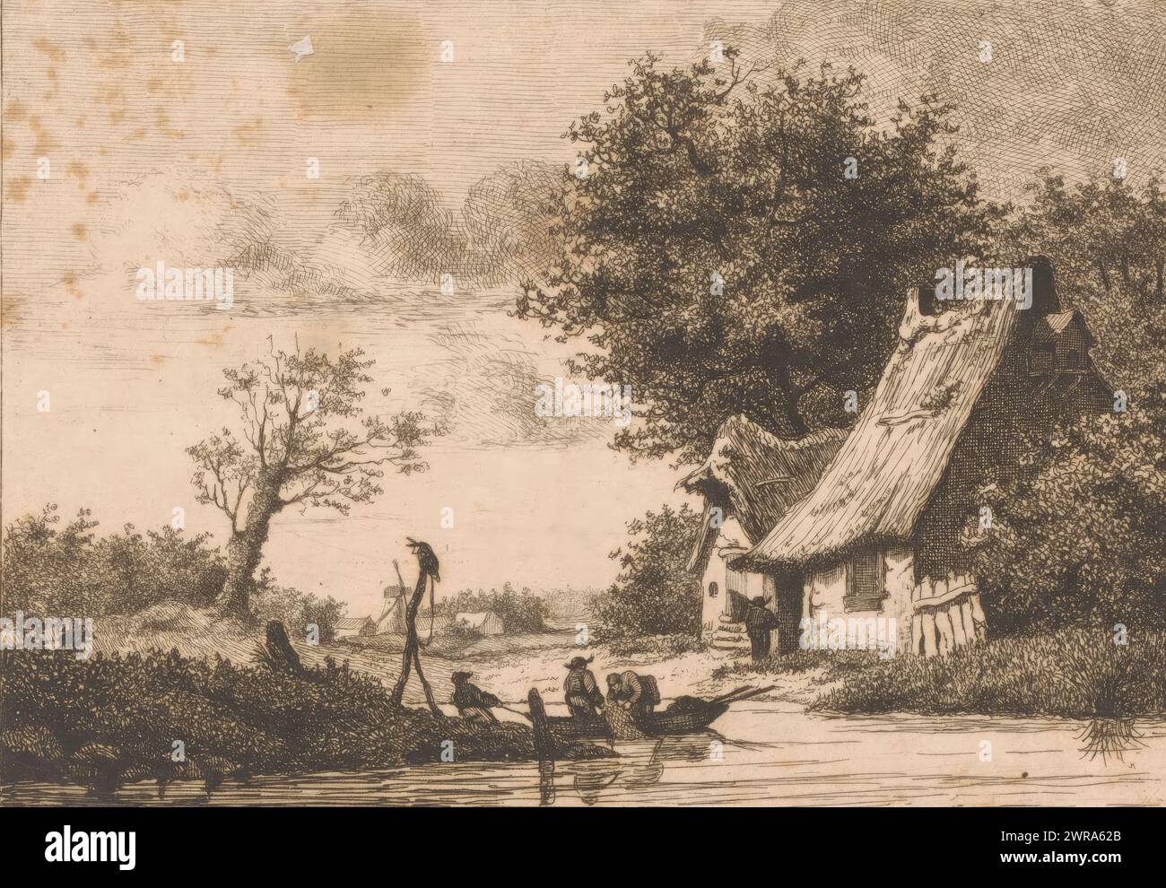River view with fishermen near Kruibeke, print maker: Jean Théodore Joseph Linnig, 1842, paper, etching, height 118 mm × width 152 mm, print Stock Photo