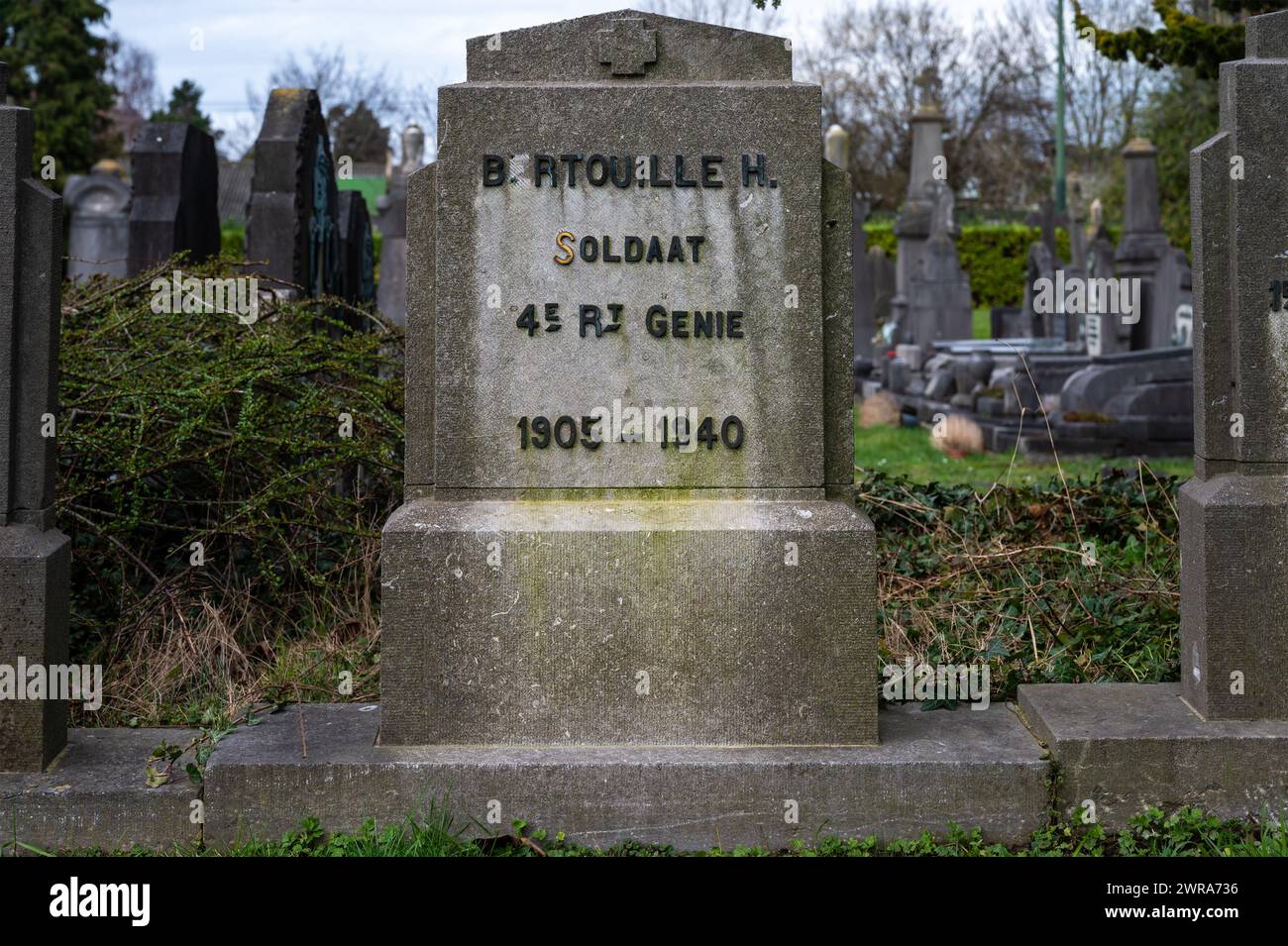 Evere, Brussels Capital Region, Belgium, March 2, 2024 - Close up of and old gravestone of the second worldwar Stock Photo