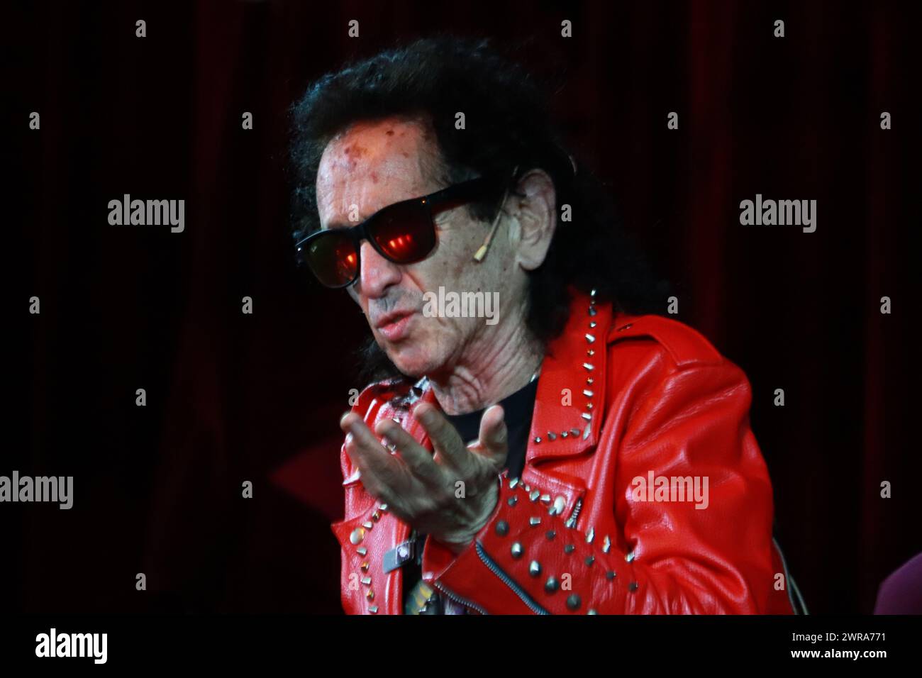 Mexico City, Mexico. 11th Mar, 2024. March 11, 2024 in Mexico City, Mexico: Alex Lora, leader of the Mexican band El Tri, speaks during a conference to announce his participation as a special guest in the play; Lagunilla mi Barrio at the Centro Cultural Teatro 2. on March 11, 2024. In Mexico City, Mexico. (Photo by Carlos Santiago/ Eyepix/Sipa USA) Credit: Sipa USA/Alamy Live News Stock Photo