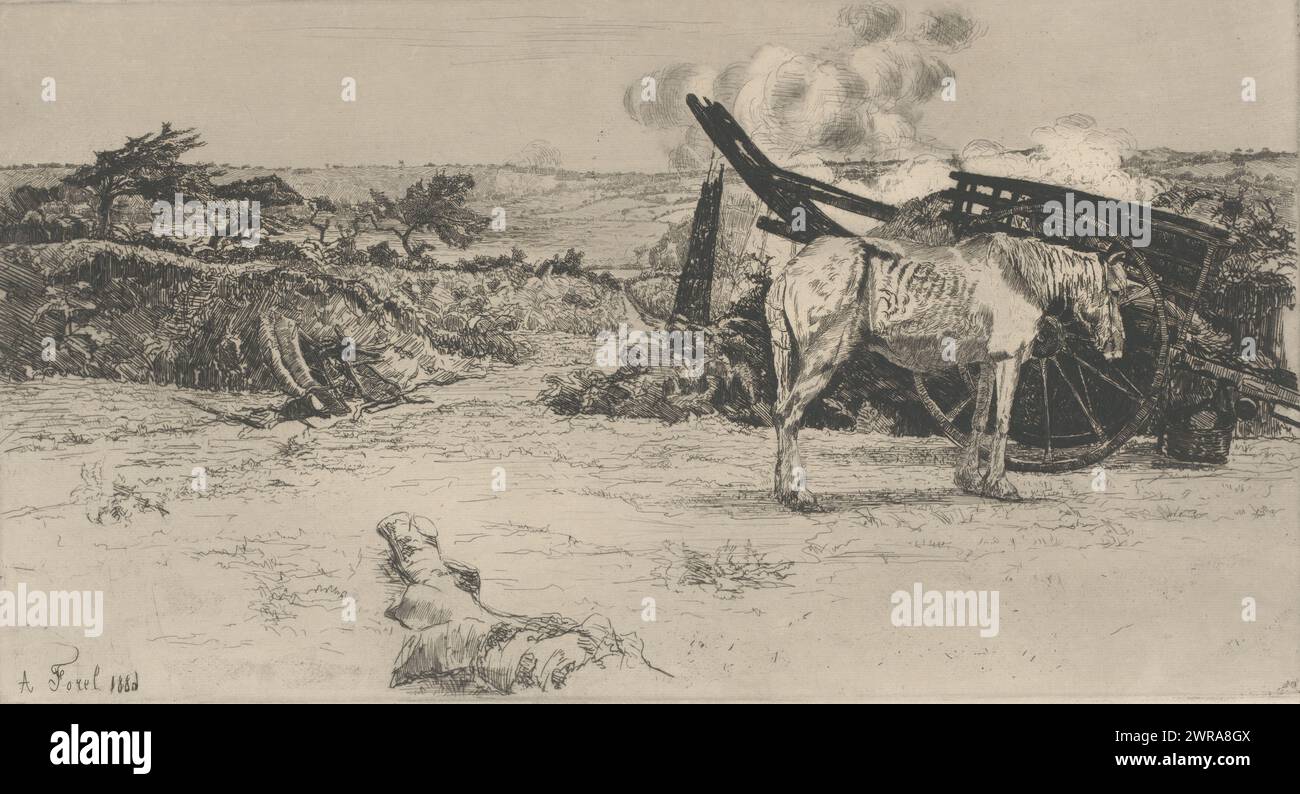 Landscape with a harnessed horse, print maker: Alexis Forel, Alexis Forel, Adriaan Pit, 1886, paper, etching, drypoint, height 270 mm × width 495 mm, print Stock Photo