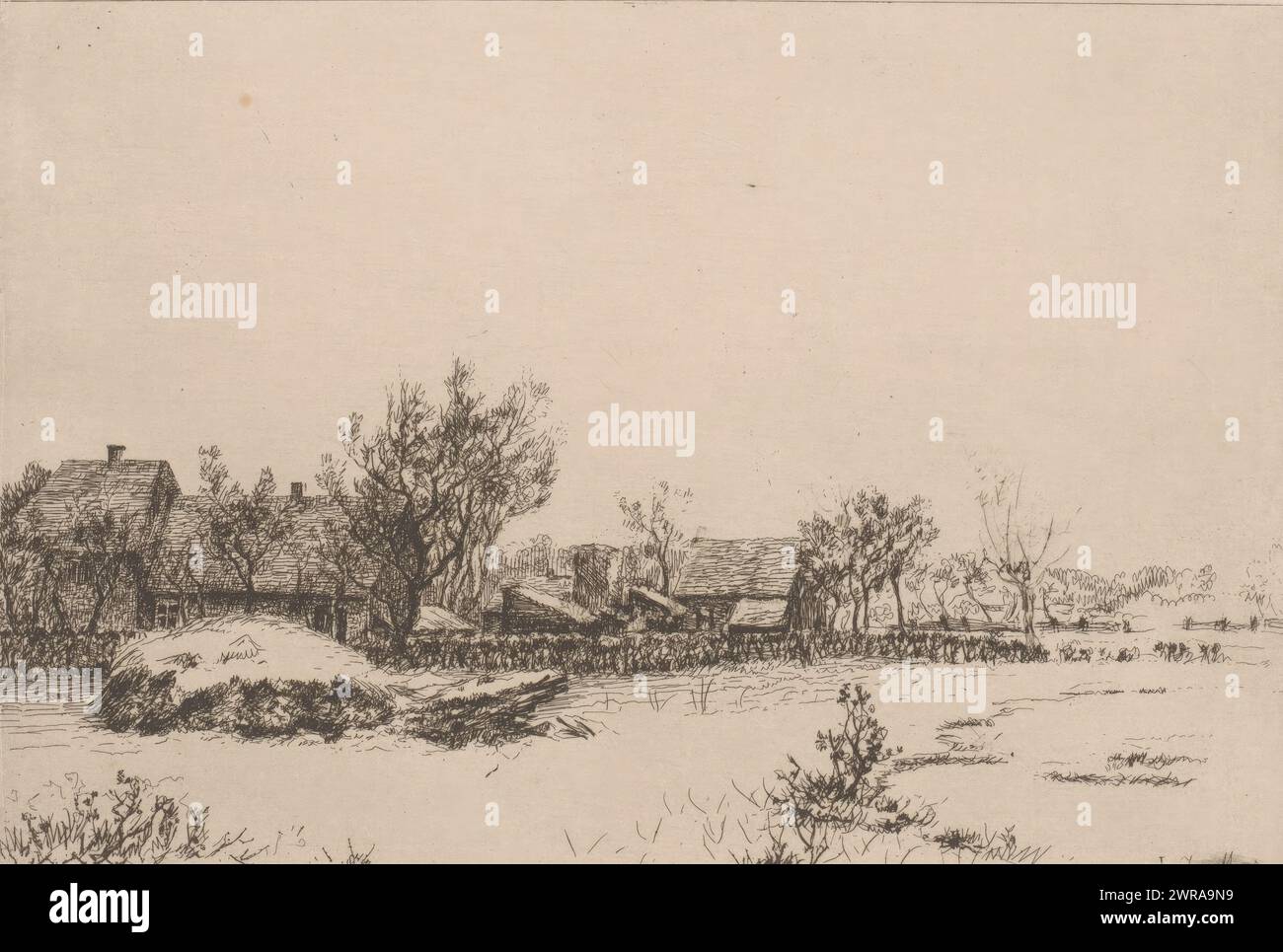 Winter landscape with village, print maker: Jerôme Tuyttens, c. 1850 - 1883, paper, etching, drypoint, height 149 mm × width 197 mm, print Stock Photo