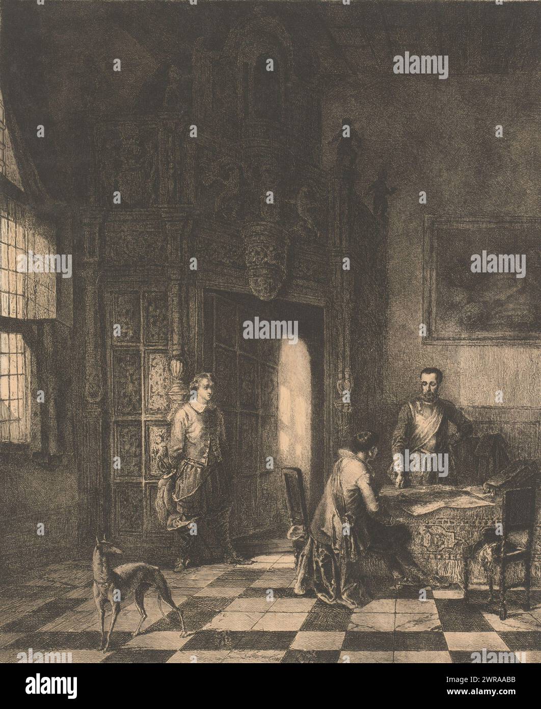 Three men and a dog in the aldermen's hall in the town hall of Oudenaarde, print maker: Guillaume Joseph Vertommen, (attributed to), after painting by: Alexandre Louis Lion, 1825 - 1863, paper, etching, height 377 mm × width 299 mm, print Stock Photo