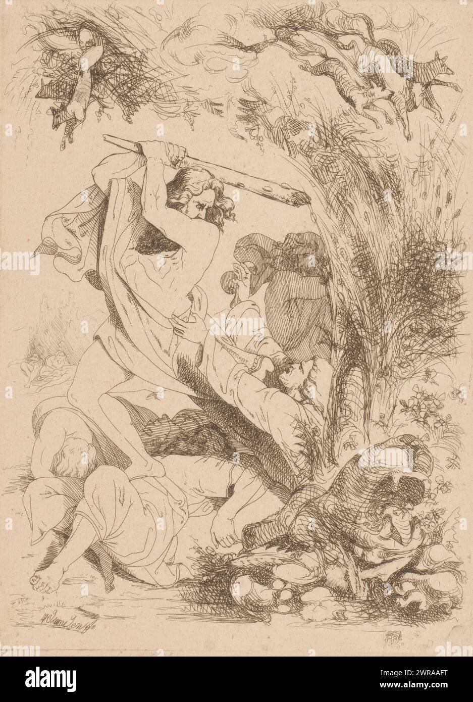 Samson Defeats the Philistines, Anger (Ira), Deadly Sins and the Fall (series title), print maker: Heinrich Vianden, print maker: Franciscus Andreas Durlet, Belgium, (possibly), 1844, paper, etching, height 183 mm × width 135 mm, print Stock Photo