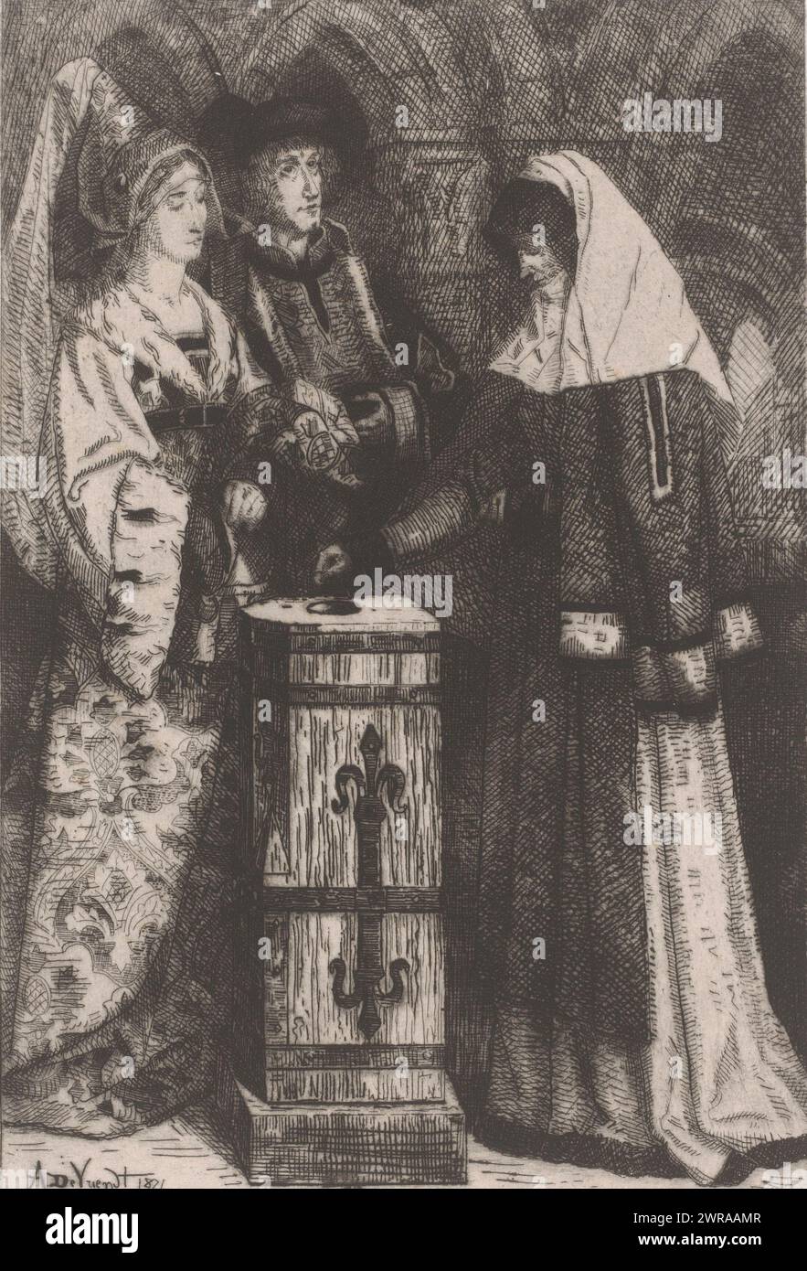 Widow gives a gift, print maker: Albrecht de Vriendt, 1871, paper, etching, height 295 mm × width 203 mm, print Stock Photo