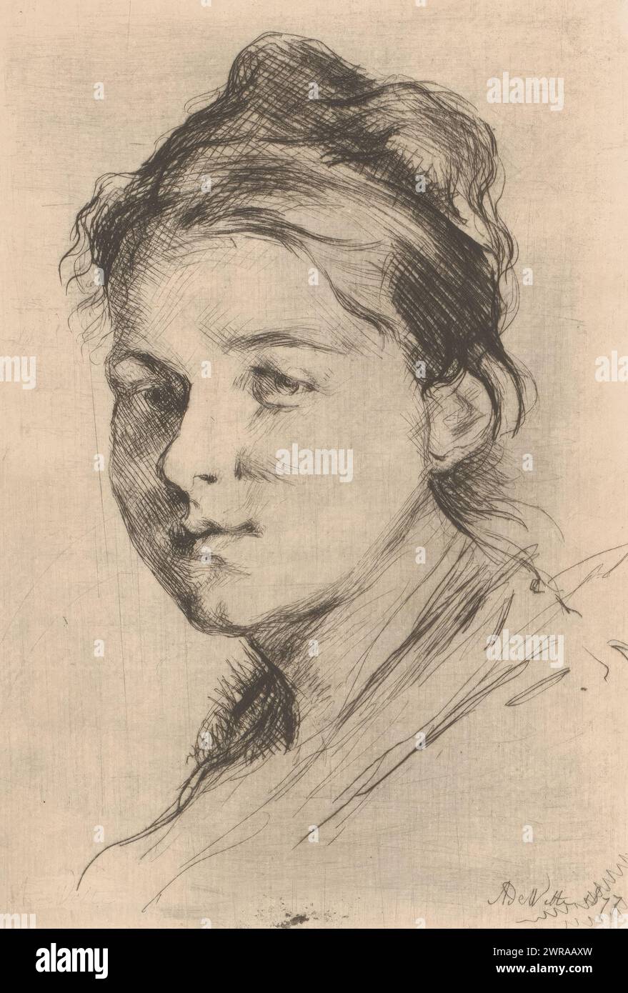Portrait of an unknown girl, print maker: Adrien De Witte, 1877, paper, etching, drypoint, height 180 mm × width 128 mm, print Stock Photo