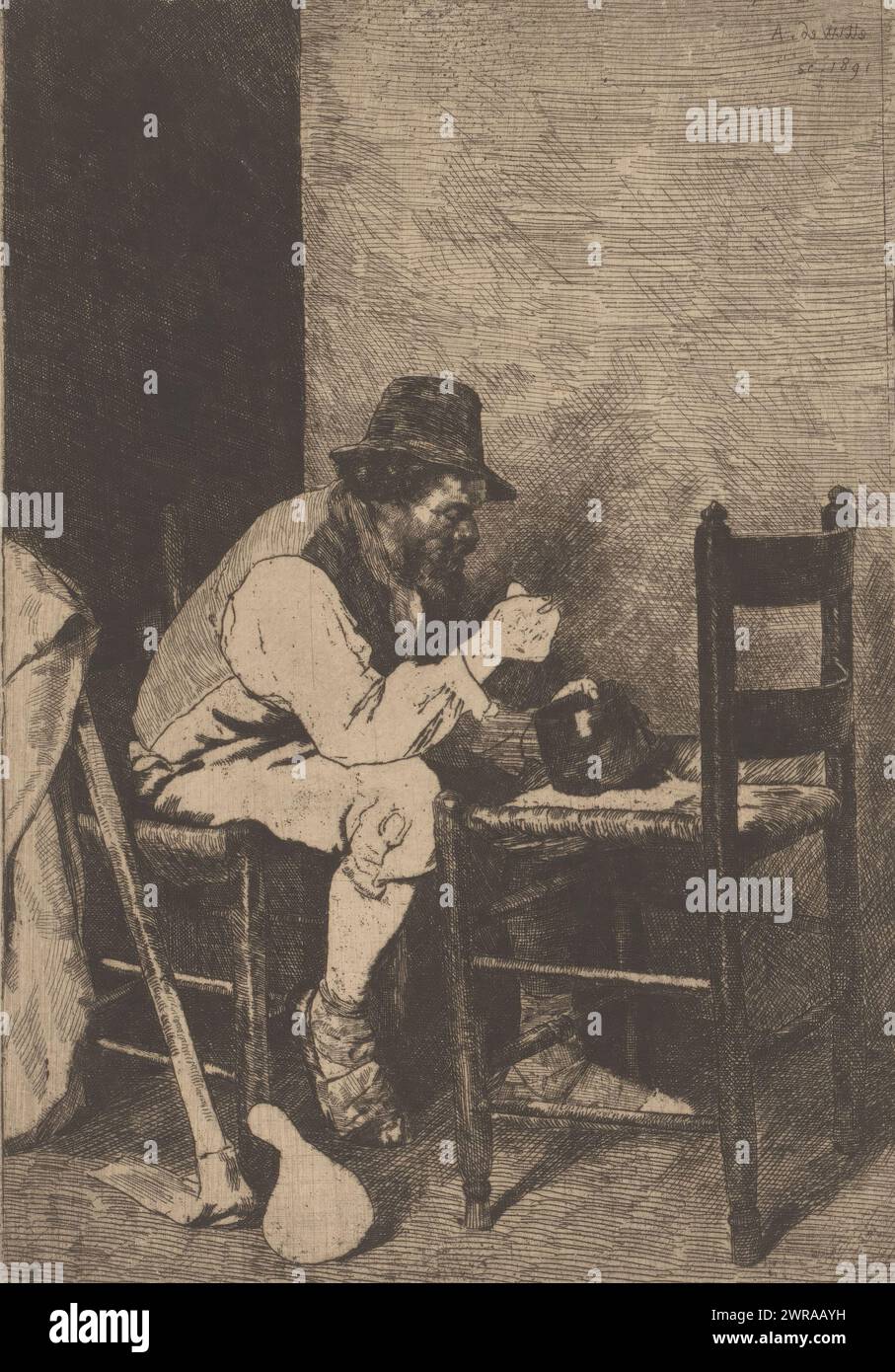 Man in hat eats from a cauldron on a chair, print maker: Adrien De Witte, 1891, paper, etching, height 218 mm × width 163 mm, print Stock Photo