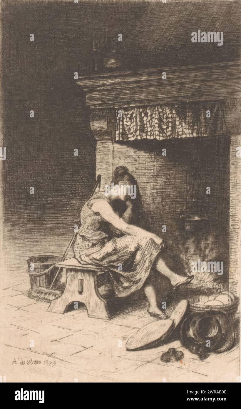 Young woman sitting by a fireplace, print maker: Adrien De Witte, 1879, paper, etching, drypoint, retroussage, height 160 mm × width 120 mm, print Stock Photo