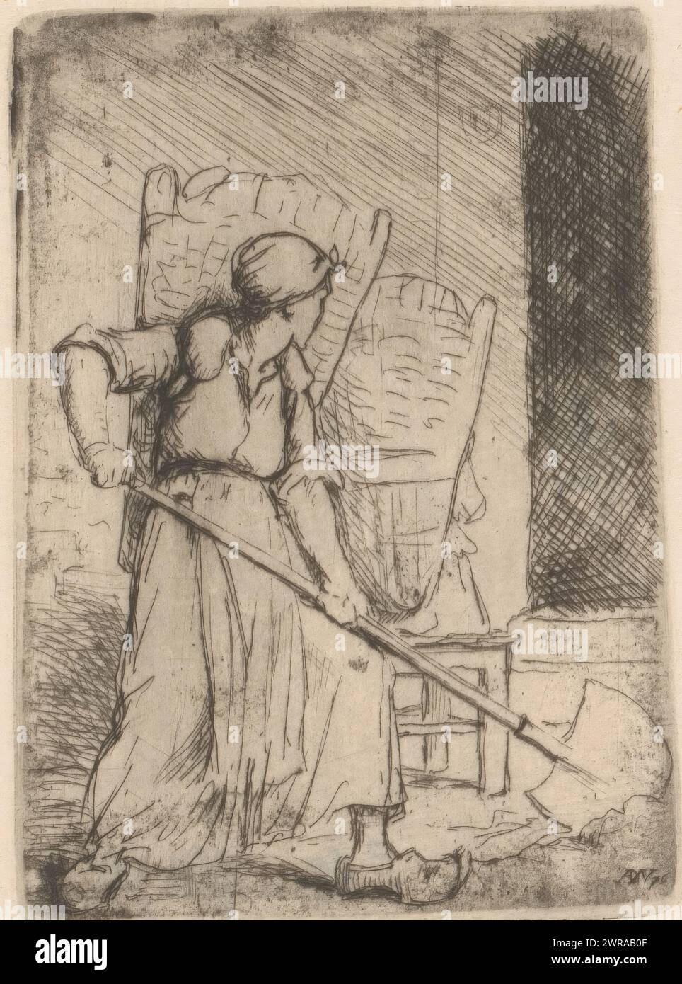 Woman in clogs with shovel and a basket on her back, print maker: Adrien De Witte, 1876, paper, etching, retroussage, height 100 mm × width 74 mm, print Stock Photo