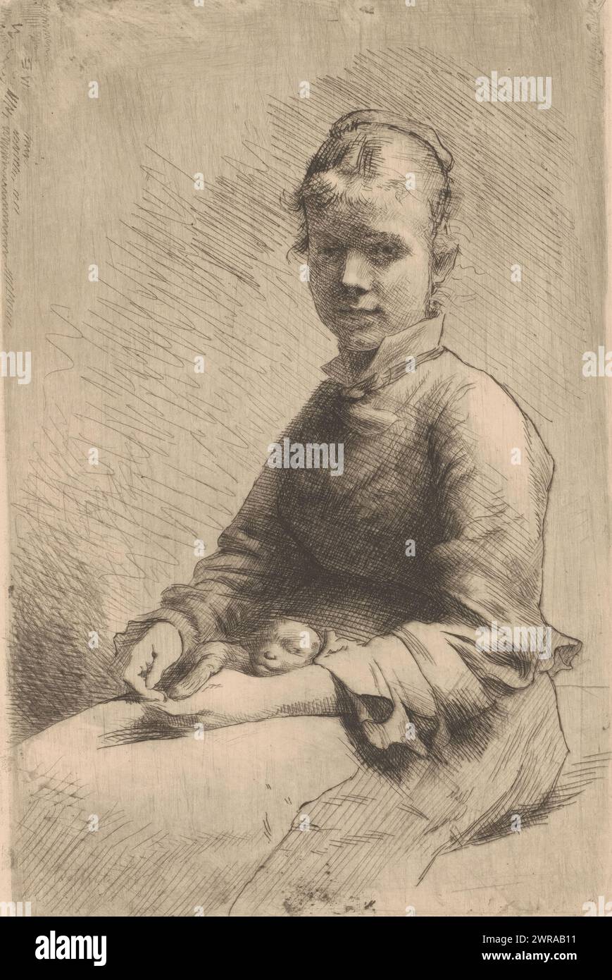 Portrait of an unknown young woman with dog on her lap, print maker: Adrien De Witte, 1877, paper, etching, retroussage, height 238 mm × width 158 mm, print Stock Photo