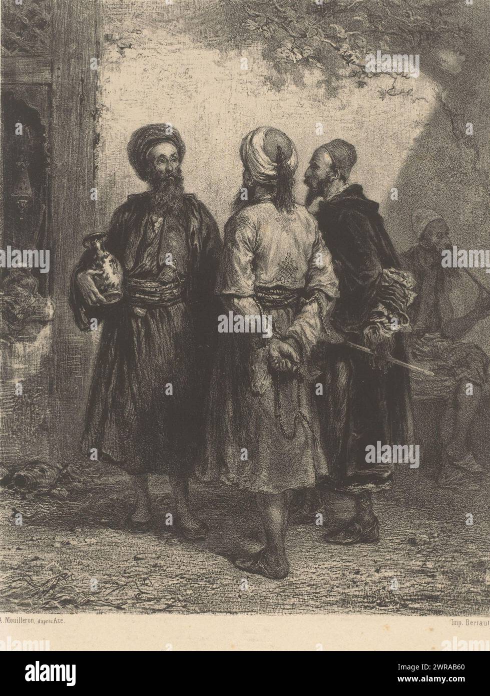 Three Jewish men with yarmulkes and turbans talking outside, Juifs d'Orient, Contemporary artists (series title), Les artistes contemporains (series title on object), print maker: Adolphe Mouilleron, after design by: Adolphe Aze, printer: Victor Jacques Bertauts, Paris, 1846 - 1853, paper, height 450 mm × width 312 mm, print Stock Photo