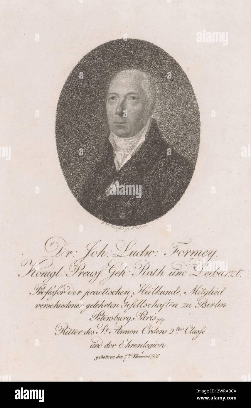 Portrait of Johann Ludwig Formey, print maker: Friedrich Wilhelm Meyer (I), Berlin, 1780 - 1880, paper, height 166 mm × width 108 mm, print Stock Photo