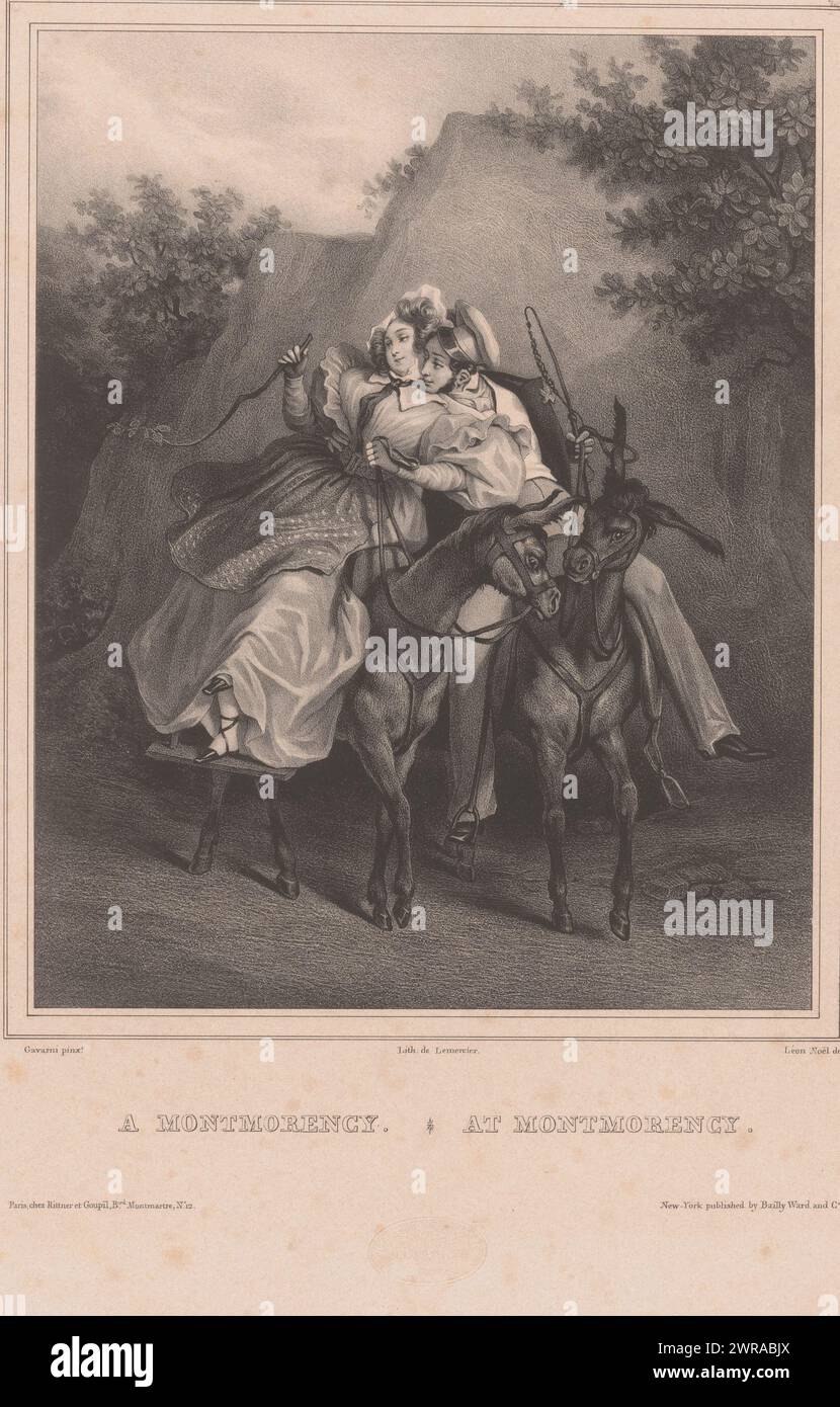 Rider helps lady get off her horse, Á Montmorency / At Montmorency (title on object), print maker: Alphonse Léon Noël, after painting by: Paul Gavarni, printer: Joseph Rose Lemercier, printer: Paris, publisher: Paris, publisher: New York (city), in or after 1830 - in or before 1840, paper, height 550 mm × width 366 mm, print Stock Photo