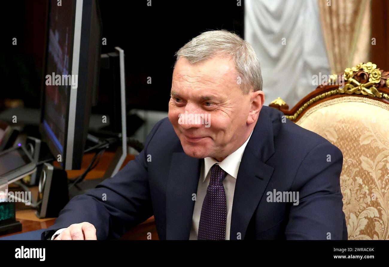 Moscow, Russia. 11th Mar, 2024. Russian state space agency Roscosmos Director General Yury Borisov listens during a face-to-face meeting with Russian President Vladimir Putin, at the Kremlin, March 11, 2024 in Moscow, Russia. Credit: Mikhail Metzel/Kremlin Pool/Alamy Live News Stock Photo