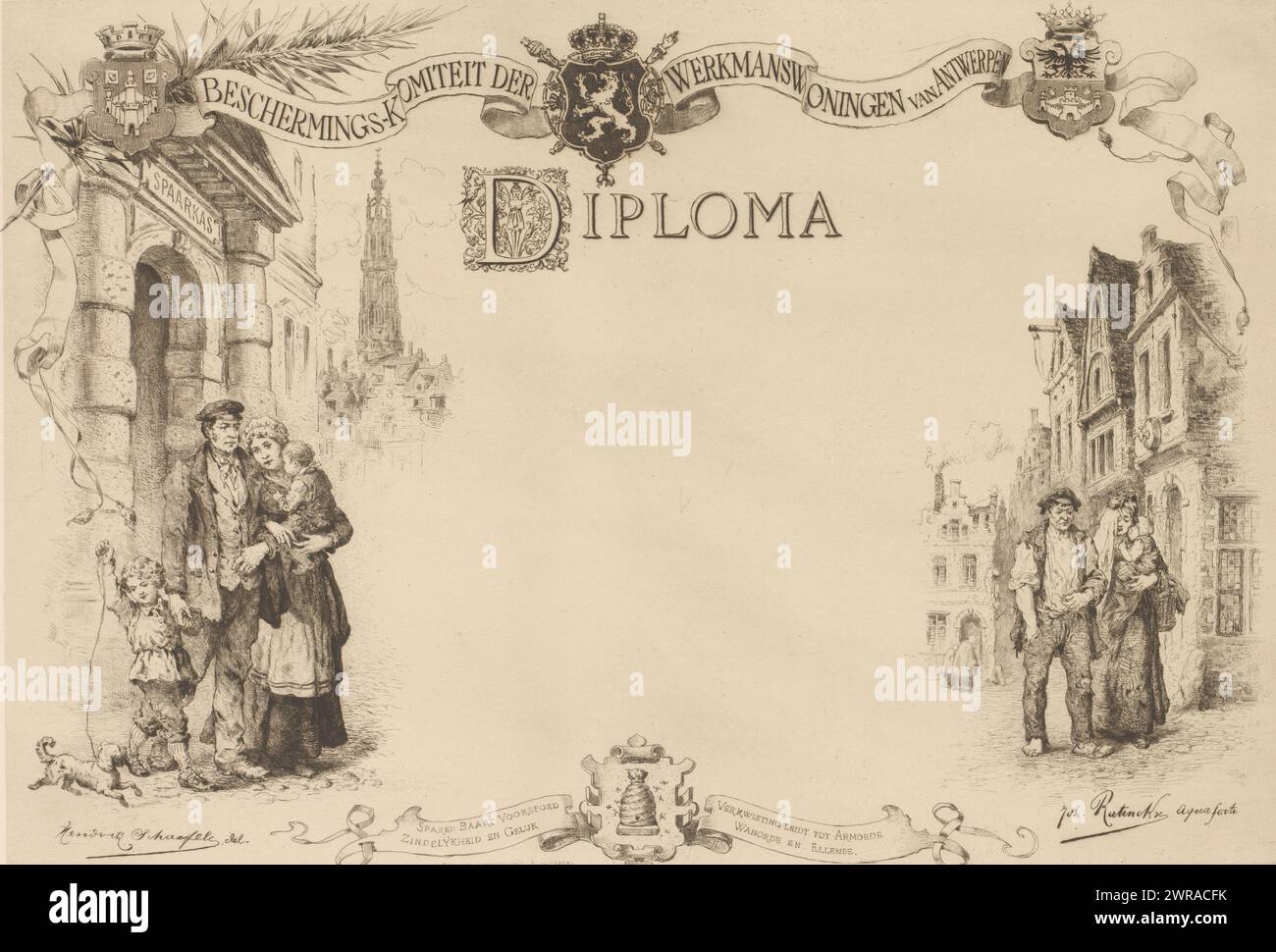 Diploma with a family on the street on the left and right, Antwerp Protection Committee for Working Men's Homes; diploma (title on object), The performance refers to the benefits of saving. The family on the left at the savings bank is doing well, while the family on the right lives in poverty. At the bottom is the caption: Saving brings prosperity, meaning and happiness; prodigality leads to poverty disorder and misery., print maker: Jos Ratinckx, after drawing by: Henri François Schaefels, printer: F. Michiels, Antwerp, 1870 - 1914, paper, etching, retroussage Stock Photo