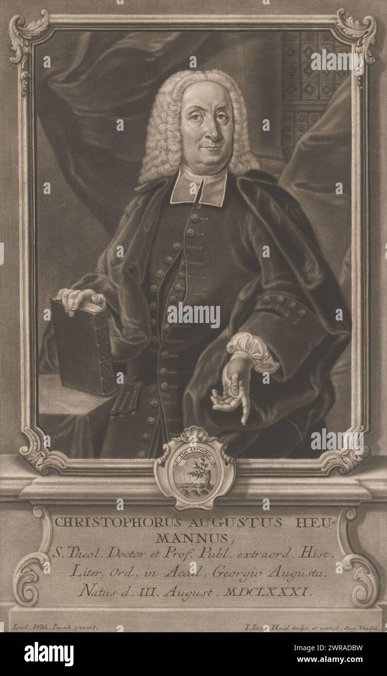 Portrait of Christoph August Heumann, print maker: Johann Jacob Haid, after painting by: Ludwig Wilhelm Busch, publisher: Johann Jacob Haid, Augsburg, 1741, paper, etching, height 307 mm × width 187 mm, print Stock Photo