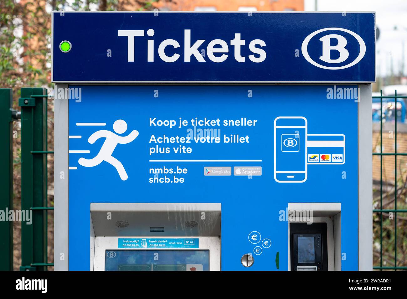Evere, Brussels Capital Region, Belgium, March 2, 2024 - Belgian railway ticket vending machine at the Bordet station Stock Photo