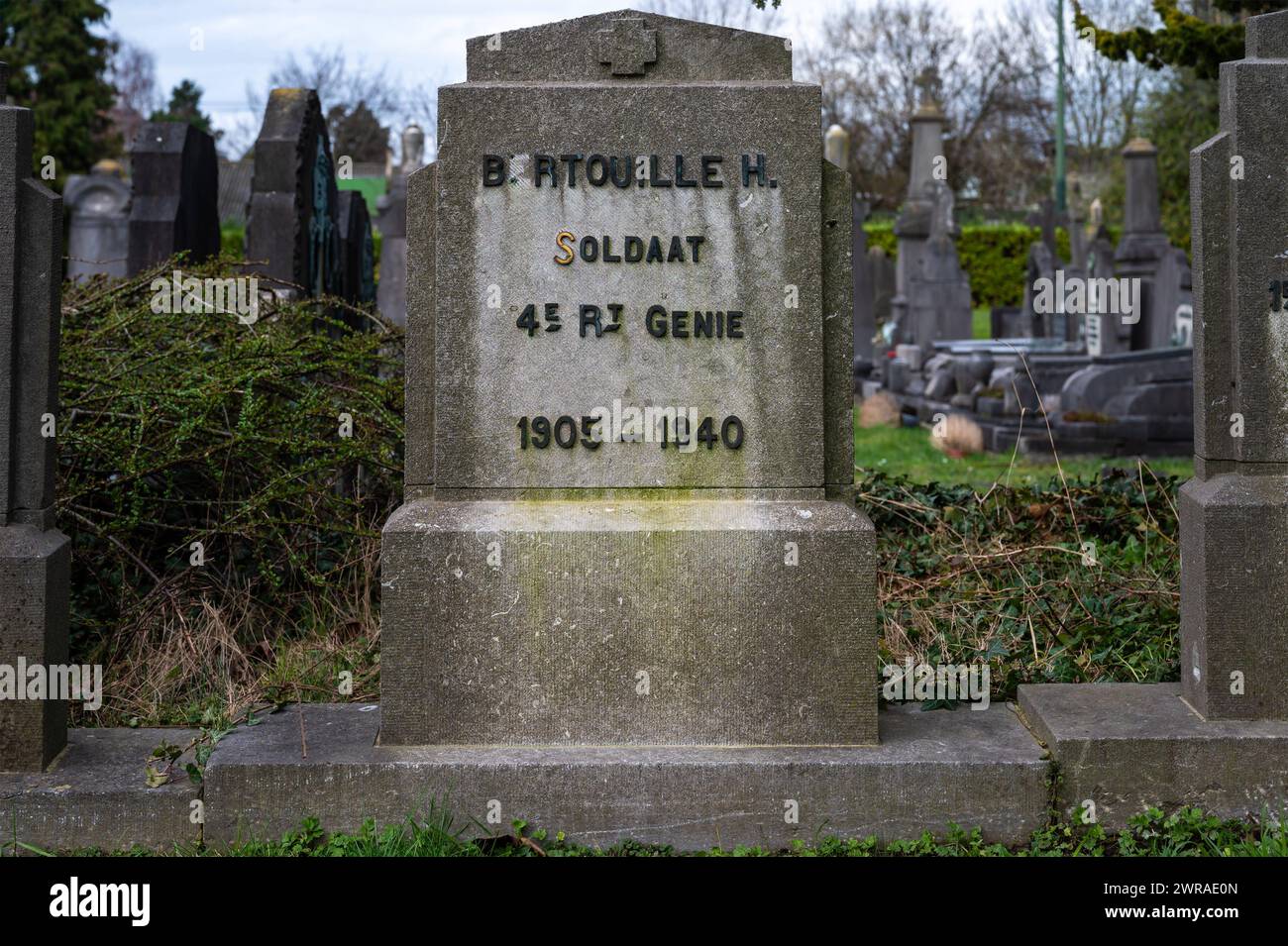 Evere, Brussels Capital Region, Belgium, March 2, 2024 - Close up of and old gravestone of the second worldwar Stock Photo