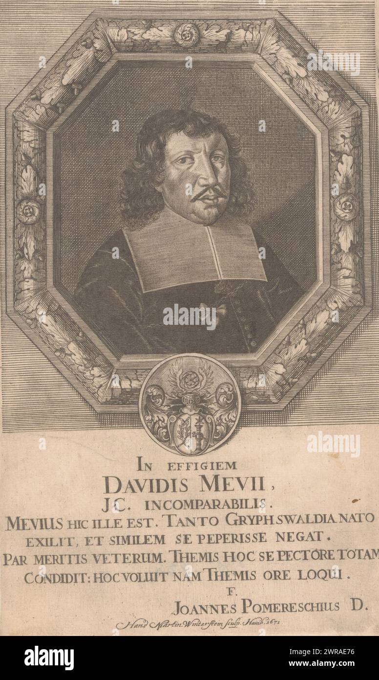 Portrait of David Mevius, print maker: Hans Martin Winterstein, Johann Pommeresch, Hamburg, 1671, paper, engraving, height 290 mm × width 171 mm, print Stock Photo