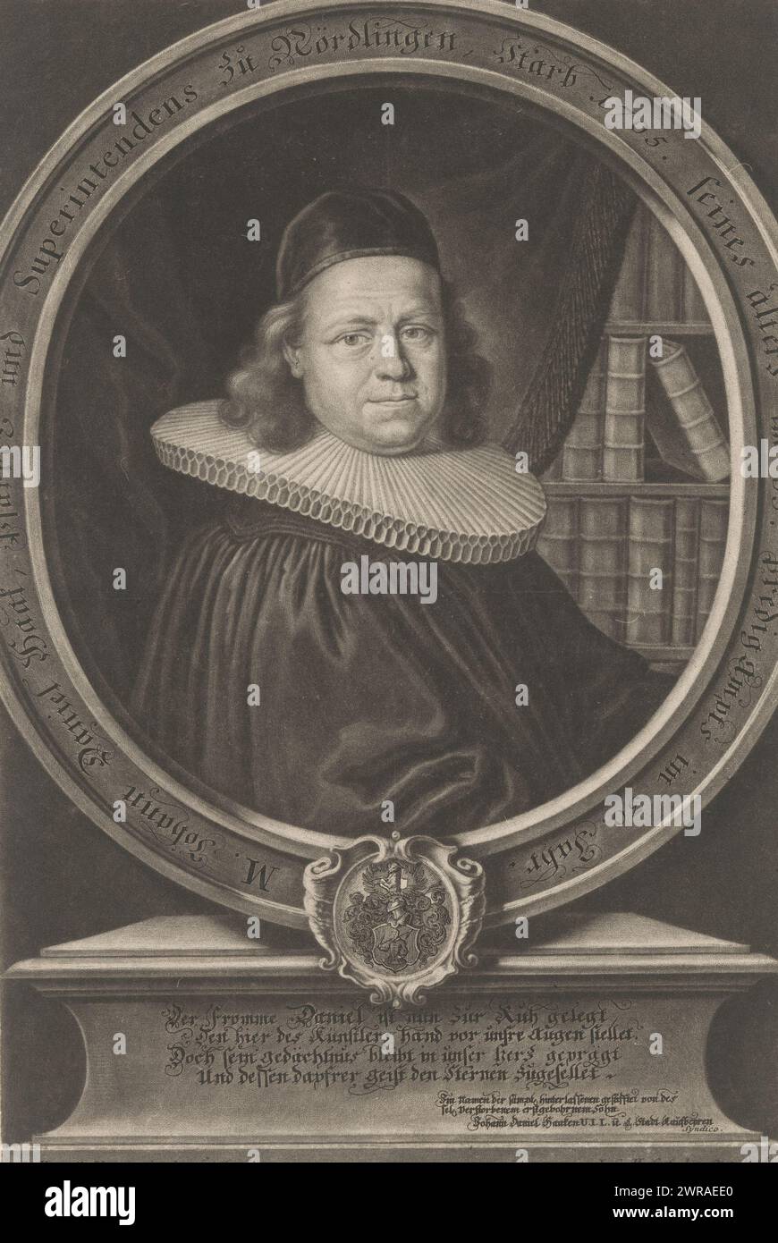 Portrait of Johann Daniel Haake, with caption in German., print maker: Elias Christopf Heiss, after painting by: Georg Marcell Haack, Johann Daniel Haake, Augsburg, 1689, paper, height 319 mm, print Stock Photo